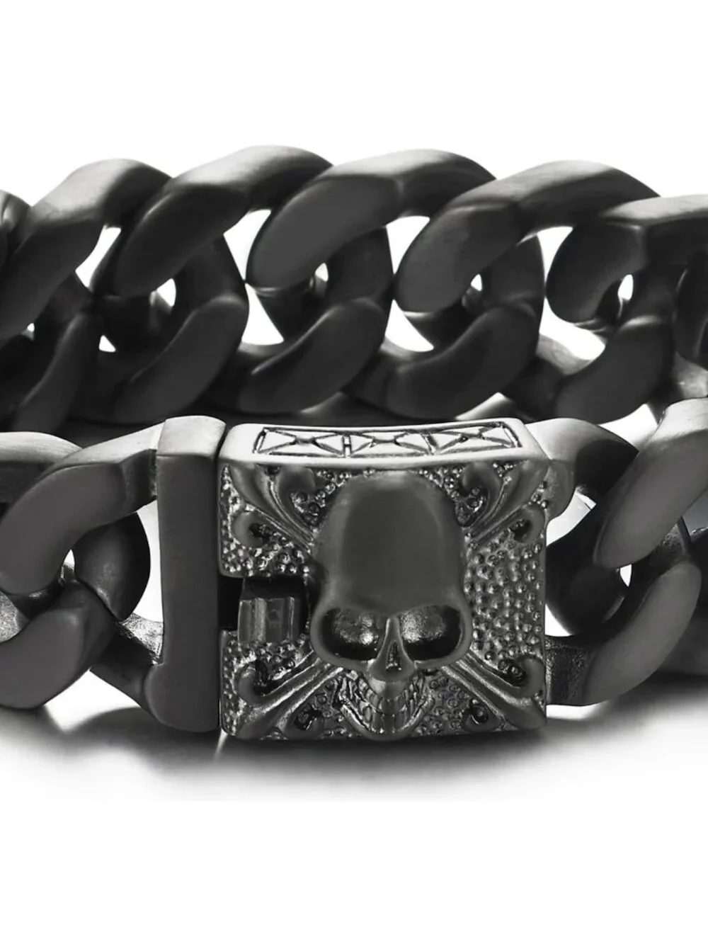 Vintage Large Curb Chain Bracelet for Men, Brushed Steel, Fleur De Lis & Skull